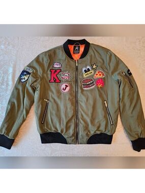 Atmosphere Green Bomber Jacket with Super Cool Unique Patches, Zippers, Size 10